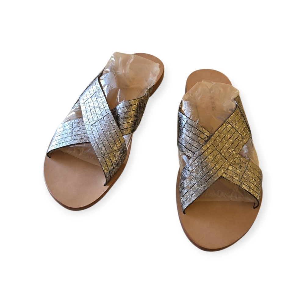 TRASK Huaraches Crossover Slide Metallic Silver Strappy Slip On Sandals Sz 9.5M - Picture 2 of 11